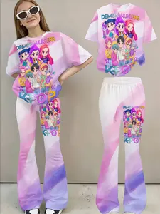 Gradient Blur 3D Print Set, Women's Cartoon Girl Group Short Sleeve Bell Bottom Pants, Summer Hot Two-Piece Clothes
