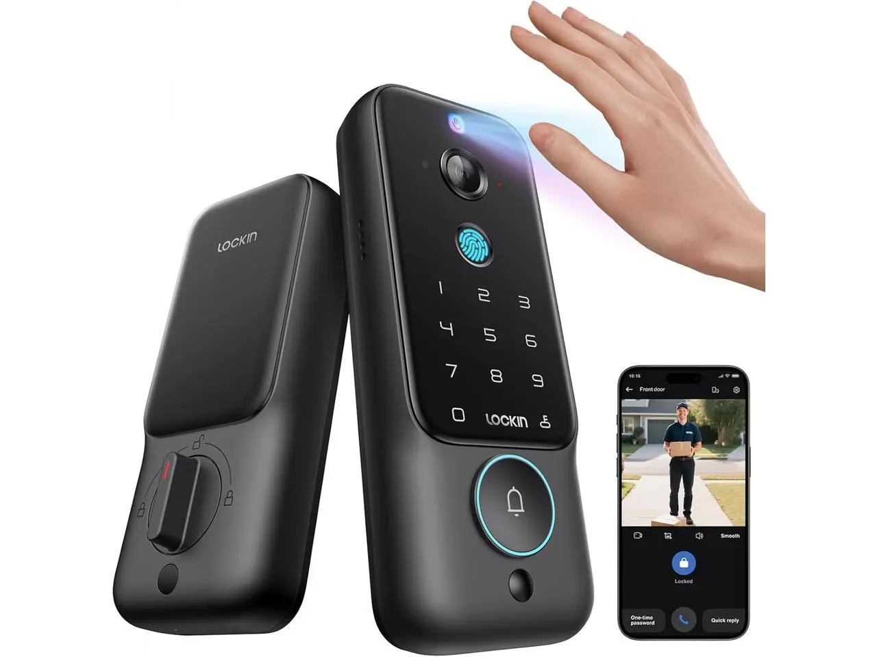 Lockin Veno Plus - All-in-One Smart Lock for Front Door - Palm Vein & Fingerprint Keyless Entry - 2K 180° Ultra-Wide Camera, Night Vision, Built-in WiFi & 8GB Storage - No Monthly Fee