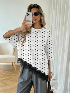 2026 New Dot Print T-Shirt, Asymmetrical Lace Trim at Hem, Stylish and Unique Design, Perfect for Everyday Casual Summer Wear, Trendy Fashion Womenswear Top