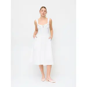 Cider Cotton Sweetheart Floral Embroidery Lace Up Lace Trim Milkmaid Midi Dress SwimWeek