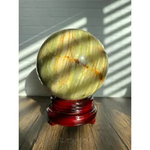 Large Green Onyx Sphere with Wooden Rotating Stand – 7” Crystal Ball, 17.2 lb Polished Onyx Decor, Healing Energy Stone, Home & Office -C23