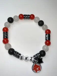 SKZ Stay Bracelet with SKZ Charms and Red Black White Beads Official Accessory for Adults Energy Stones Red Agate Clear Quartz Black Lavastone Gunmetal Accents 8mm Round Beads 7 3/4in Diameter