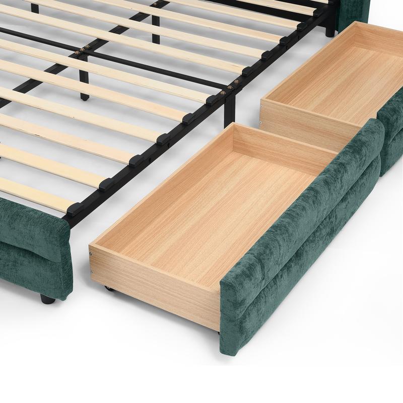 King Size Upholstered Bed Frame with Headboard and 4 Storage Drawers, Solid Bed Frame with Thick Fabric, Comfortable Upholstered Bed Frame, Chenille Fabric (86.5''*84''*29.5'')