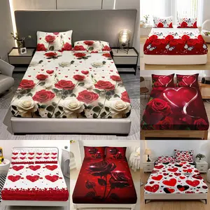 Romantic Rose & Heart Bedding Set, High-Definition Digital Print Sheet Set (1 Fitted Sheet, 2 Pillowcases), All Seasons, Floral Sheets