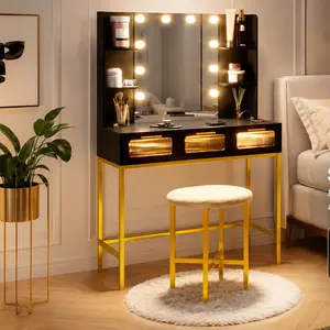 Makeup Vanity Desk with Mirror and RGB Lights, Vanity Table with Built-in Charging Station, Stylish Wood Dressing Table for Bedroom