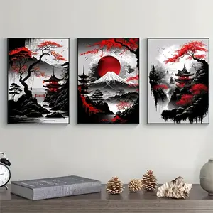 3-piece set Frameless Japanese-style natural landscape canvas paintings Creative Design Print Black and red vintage ink art wall art prints Living room bedroom home decor Frameless