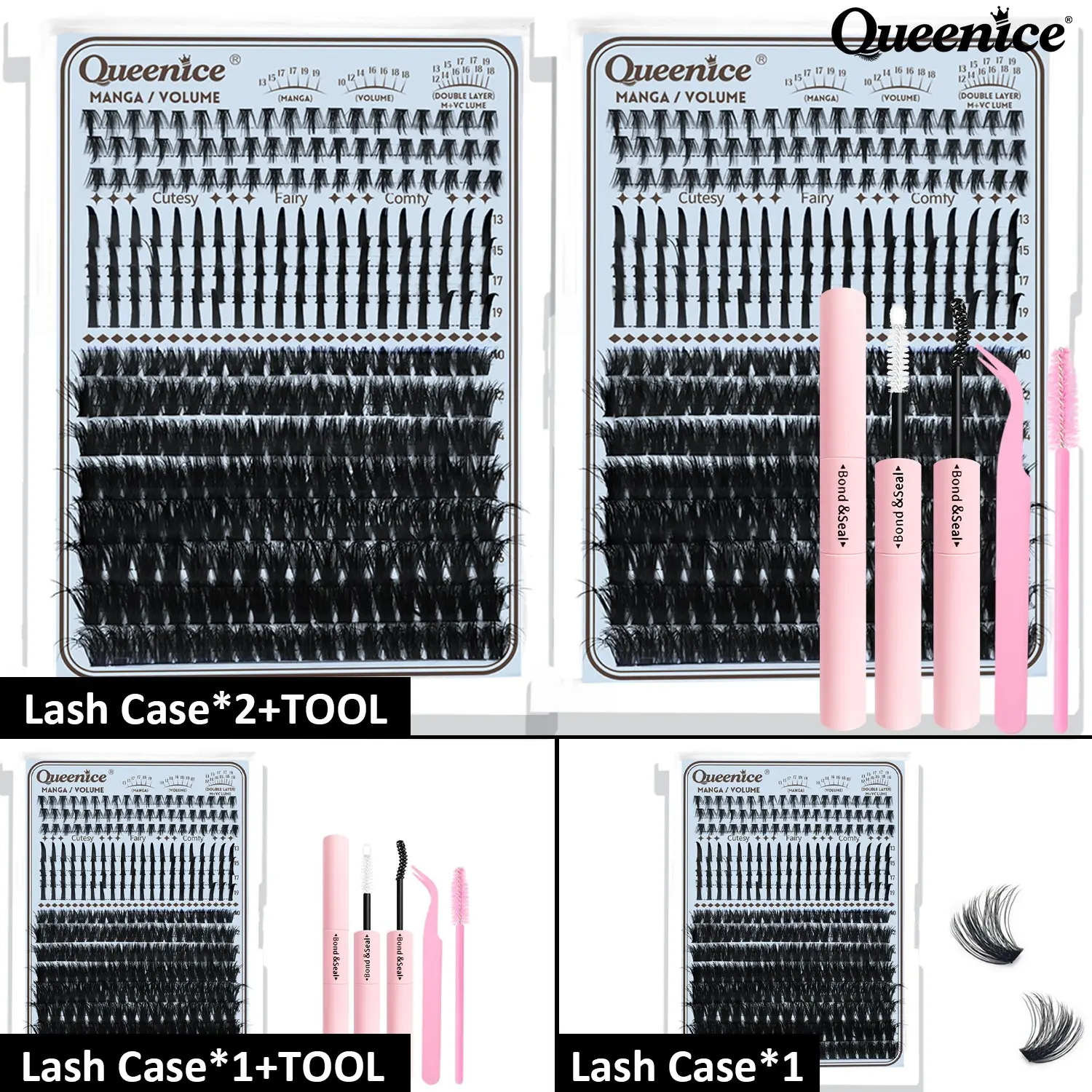 Lash Cluster Set, Eyelash Volume Cluster Lashes, Lash Extension D Curl Mixed Lengths 10-18mm, Long-Lasting Adhesive & Sealer, Dense Natural Look, Tweezers & Brushes, DIY Home Use