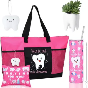 Hushee 5 Pcs Dental Gifts Dentist Assistant Hygienist Gifts Tooth Tote Bag Cosmetic Bag 20 oz Stainless Steel Tumbler Plush Keychain Teeth Succulent Pot for Nurse Graduation Accessories(Rose Pink)