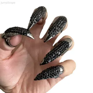 Rhinestone Claw Finger Armor Rings, Gothic Long Nail Tip Knuckle Ring Set, Punk Sparkly Crystal Talon Nail Cuff Jewelry for Women Cosplay Outfit