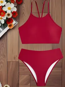 Wine Red Double Thin Strap Open-Back High-Waist Two-Piece Bikini Pool Leisure Swimwear