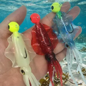Glow in the dark Octopus Squid Jig Lure Set, 130mm Deep Sea Fishing Bait with 3-Level Light, Tpr soft Plastic, Tri-Color Anti-Tangle Guide, All-Round for Boat Rock Pier Fishing