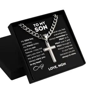 1pc "to My Son" Stainless Steel Cross Pendant Necklace, Birthday Gift, Valentine's Day Gift, Christmas Gift, with Card and Gift Box Packaging, Ideal Gift for Loved Ones, Personalized, Gifts For Him, Summer Vibes chains sister