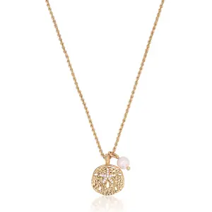 Ettika Sand Dollar Charm Necklace 18k Gold Plated Brass Cubic Zirconia Freshwater Pearl 15" Chain with Extender Clasp Gold Statement Chain for Adults