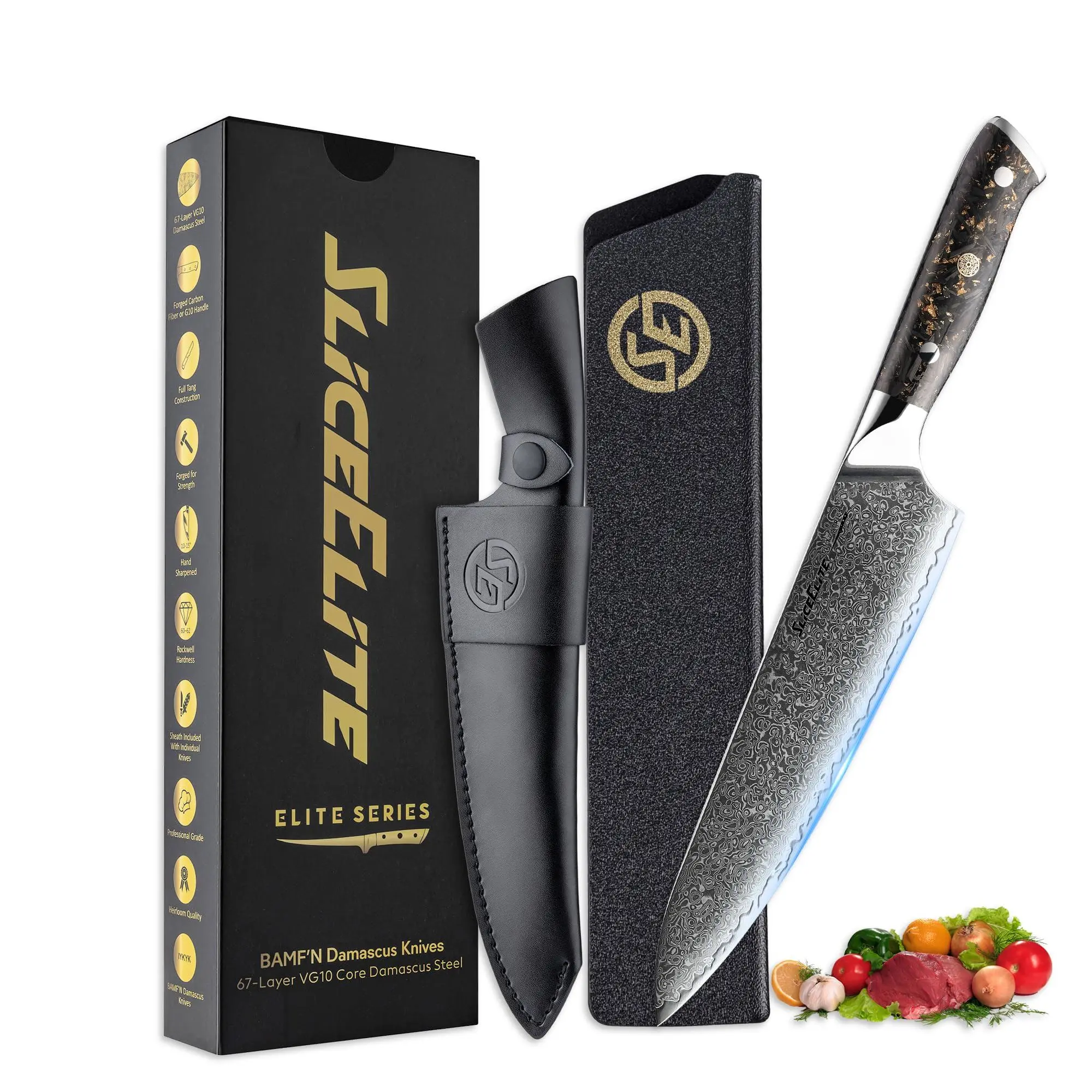 SliceElite Elite Series 8 Inch Chef Knife VG10 Damascus Steel Forged Carbon Fiber Handle Sharp Kitchen Vegetable Meat Carving Slicing Cooking Cutting Cleaver Precision Chopper Gift Blade Tool