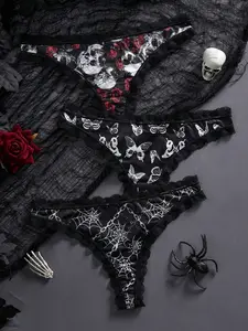 2/3 PCS Women's Low Waist Printed Thong Panties Set, Gothic Style, Color-Blocked Lace Trim, Comfortable Underwear for Daily Wear
