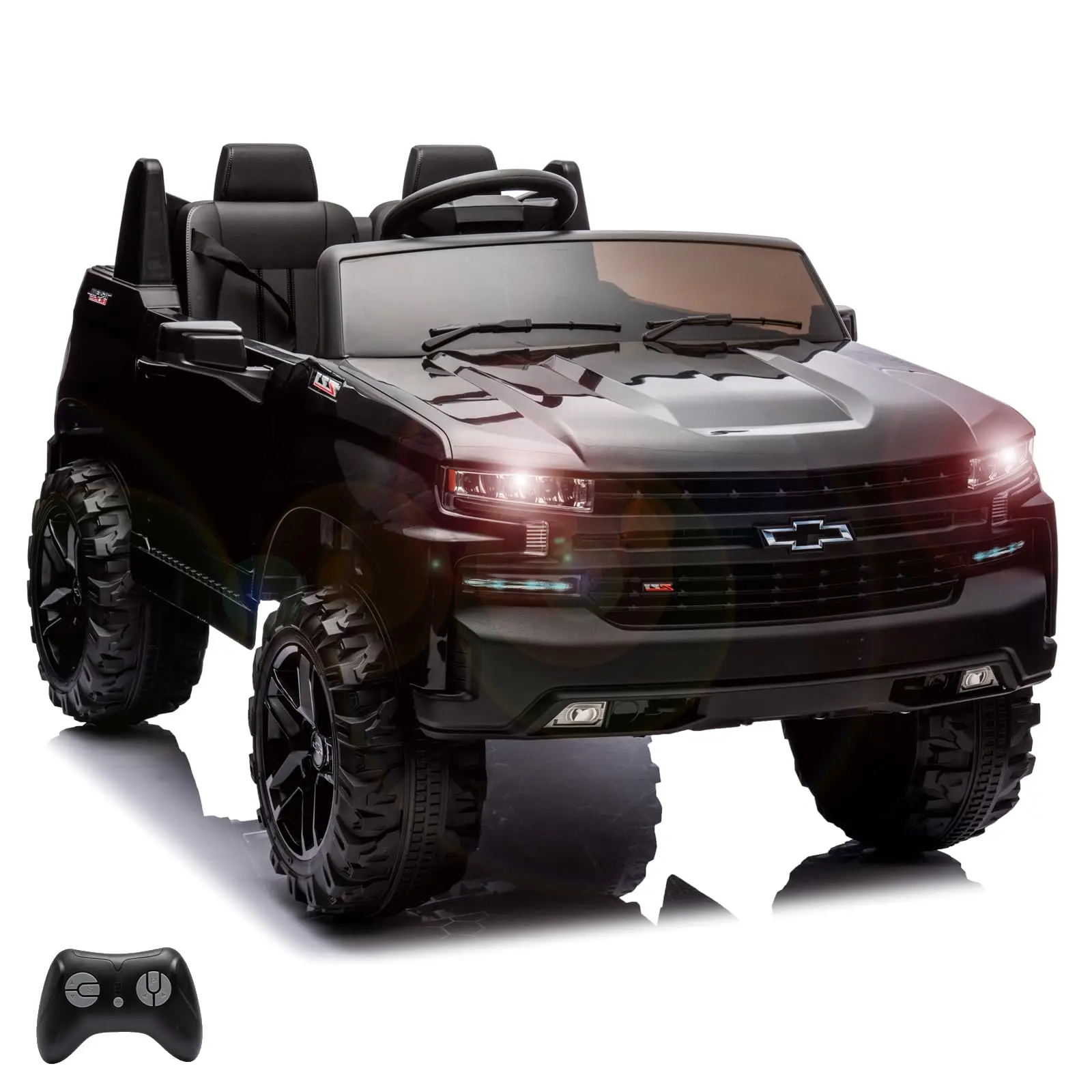Gaomon 24V Rechargeable 4-Wheel Design Kids Electric Truck, 2-Seater Remote Control Ride-On Toy with LED Lights, MP3, Bluetooth, Black, Four Wheel Design