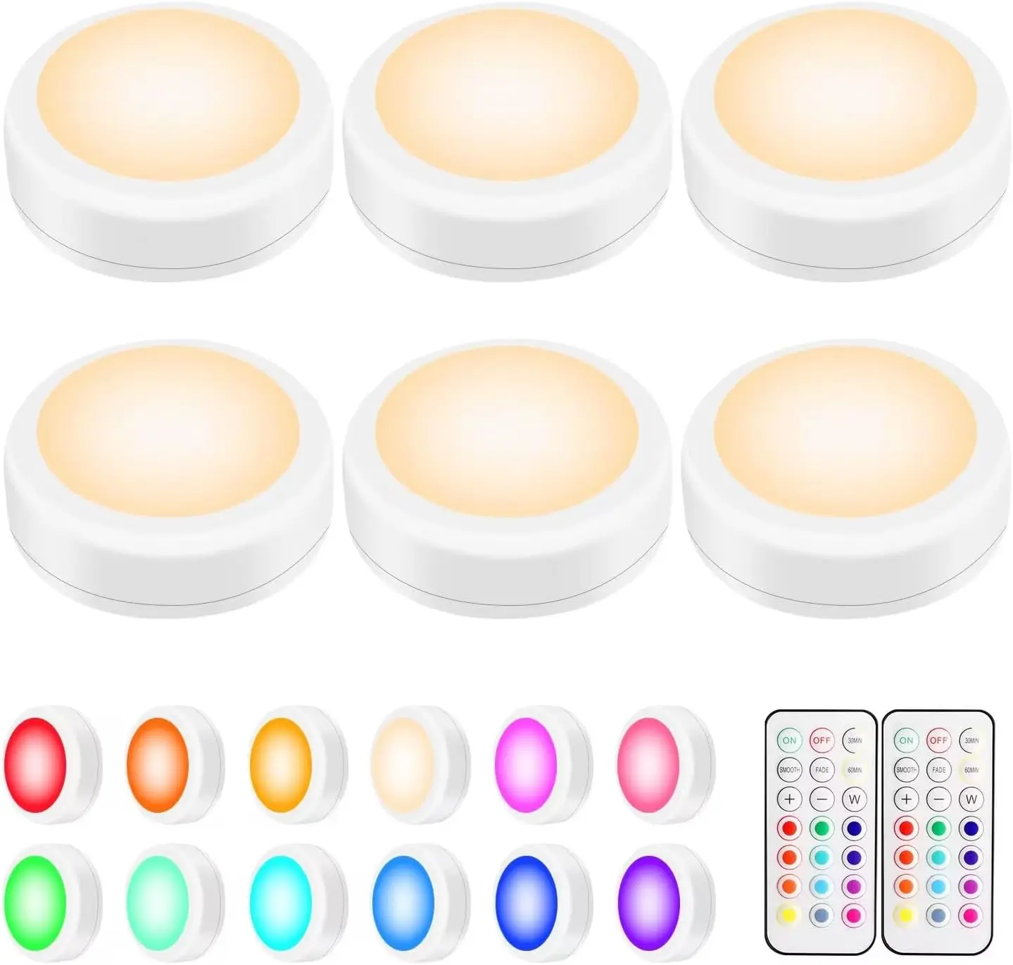 Led Under Cabinet Lighting Battery Operated Light, 6 Puck Lights with Remote Control, 13 Color Changing Stick on, Touch Push Tap Lights for Kitchen, Closet, Bookshelf, Stair, Display