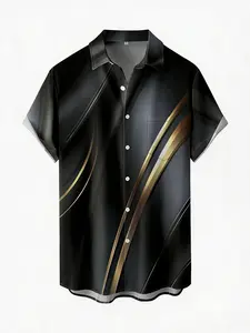 Men's casual short-sleeved button-down shirt, 3D cross print, black and gold abstract design, Casual Graphic Shirt