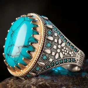 Jewelry, Exquisite Alloy Inlaid Imitation Turquoise, A Ring Worn At A Palace-style Banquet, Adding A Touch of Bright Color to Your Outfit
