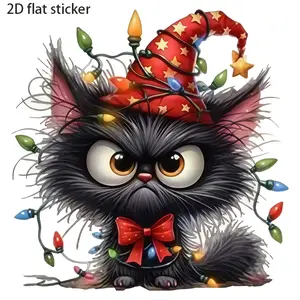 7.0 Inch Christmas Black Cat Sticker, 2D Flat Design, With Santa Hat & Lights, Glossy Easy to Stick, Removable, Fits Car/Laptop/Doors/Windows, Cute Holiday Decor, Adds Christmas Vibe to Vehicles & Home