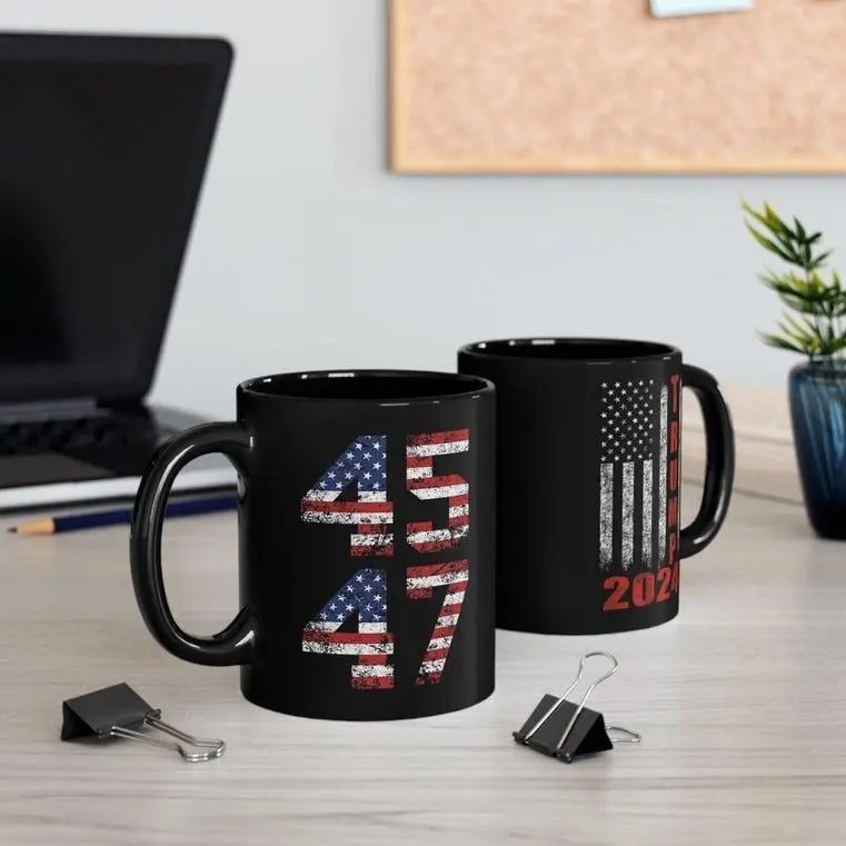 Trump 45/47 Black Flag Mug 2024, Patriotic Coffee Cup, Republican Gift, Political Tea Mug, Conservative Gift, Christmas Gifts