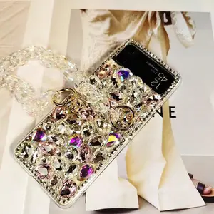 Iridescent Multi-Diamond Crystal Chain Foldable Case for Samsung ZFlip Series | Mixed Color Big Gem Full Coverage + Diamond Edge Outer Screen + Crystal Chain | Shockproof Scratch-Resistant | Dinner Party Outing Gorgeous Sparkling Rich Girl Style