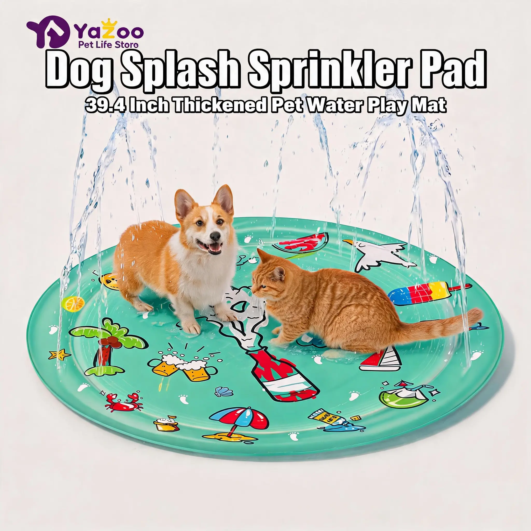 Outdoor Backyard Pet Splash Sprinkler Pad 39.4in, Summer Cooling Water Play Mat for Dogs Kids, Thick Waterproof Dog cats Sprinkler Toy, Yard Water Play Mat for Small Medium Pets (Hose Not Included)