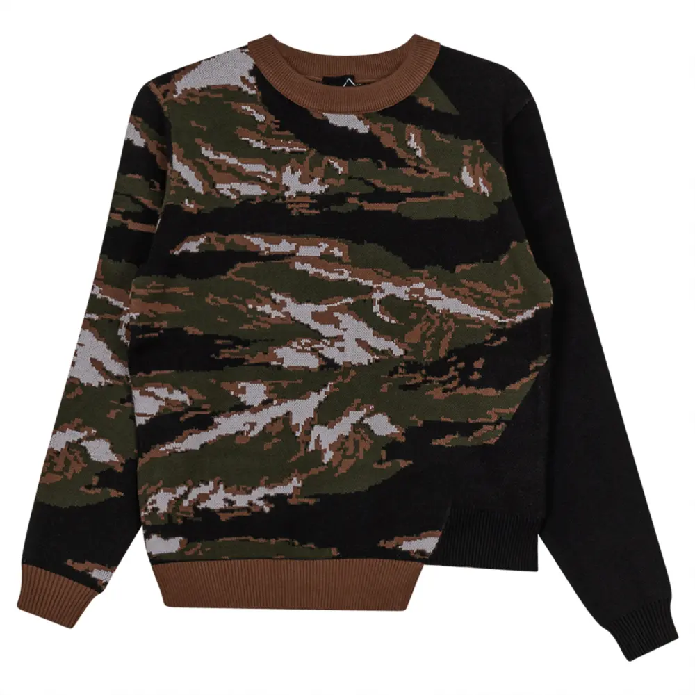 Camo Asymmetrical Sweater - Knit Sweater with Camouflage Pattern, Long Sleeves, and Brown and Black Design for Women