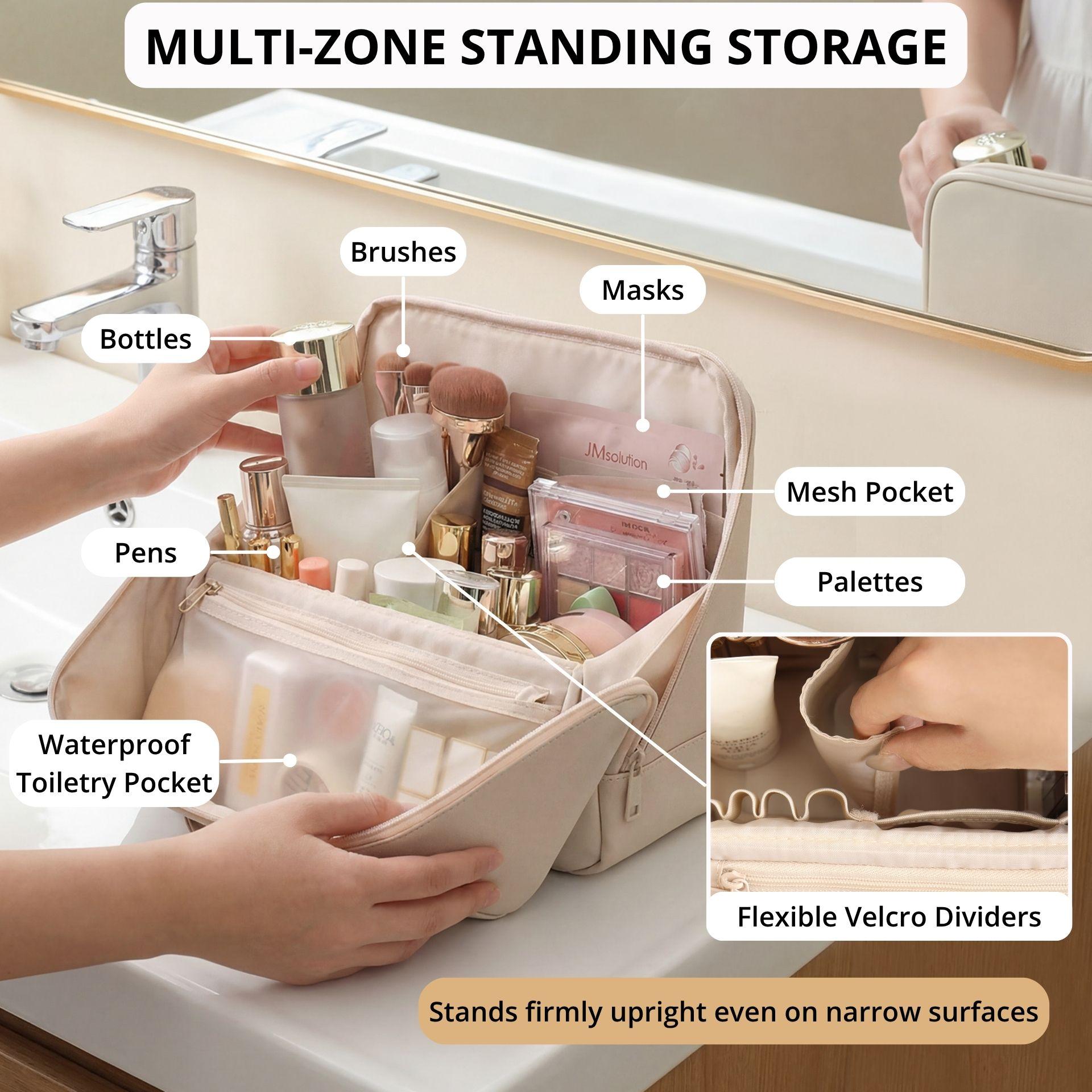 Waterproof Leather Makeup Bag for Travel, Clean Girl Vanity Organizer with Luggage Strap