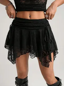 2026 Spring Summer New Retro Lace Irregular Short Skirt, Adjustable Drawstring Waist, Layered Design, Y2K Style for Young Ladies