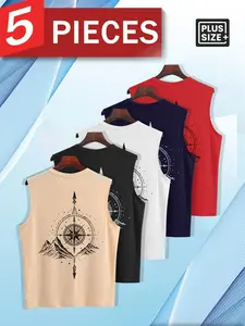 5pcs Men's Plus Size Compass Mountain Graphic Sleeveless Tank Top, Casual Loose Fit Crew Neck Vest, Trendy Basic Tops for Summer Beach, Street Style & Daily Lounge