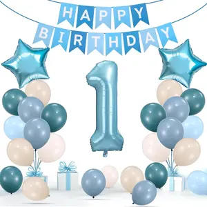 1st Birthday Decorations Boy, First Birthday Decorations for Boy with Happy Birthday Banner, 40inch 1 Balloon Number, Dusty Blue Balloons, Baby One Year Old Birthday Party Decor
