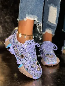 Fashion Floral Casual Sports Shoes, Rhinestone Design, Low Top, Fashionable Round Toe, Comfortable Daily Wear, Youthful and Vibrant Style, Walking Shoes