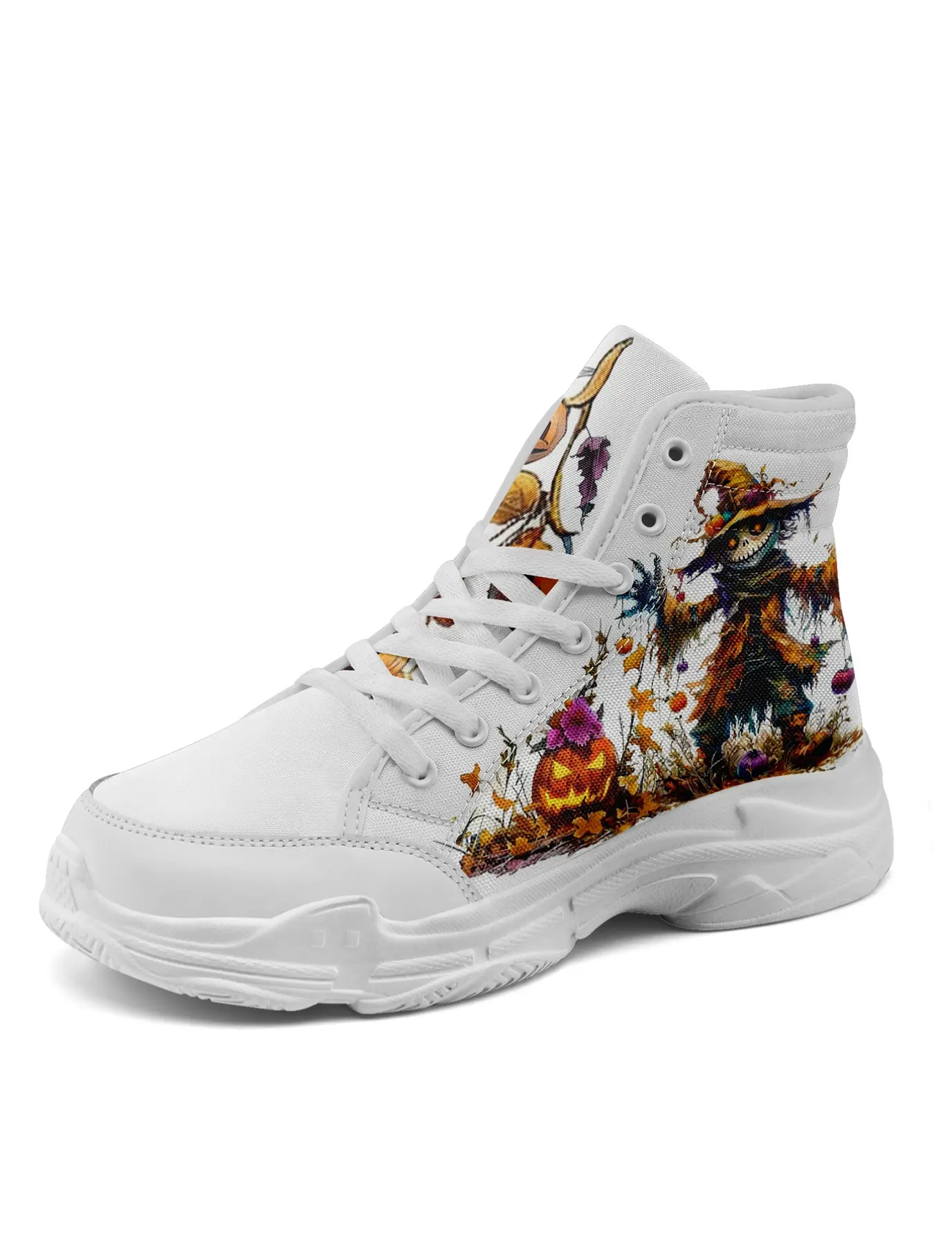 Men's Autumn Harvest Scarecrow & Pumpkin Pattern High Top Sneakers for Men, Halloween Casual Shoes, Plus Size Lightweight Breathable, Perfect for Fall Walking Shoes