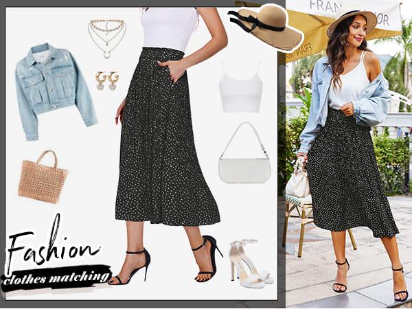 Zeagoo Women's Midi Skirts High Waisted Pleated A-Line Swing Skirts Summer Floral Long Skirts with Pockets