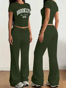 2-Piece Set Sports Casual Pants Set New York Brooklyn Varsity College Style Retro Urban Theme Print Solid Color Slim Fit T-Shirt Pants Two-Piece Set Standard Size Womeet Crew Neck Short Sleeve Pants Set