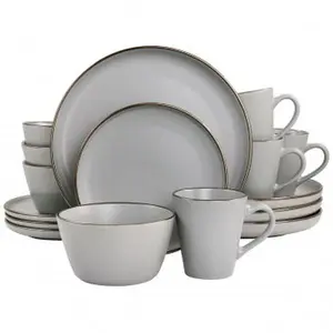 Elama Louis 16-Piece Stoneware Tableware Set, Matte Slate Round Plates and Dishes with Gold Rim