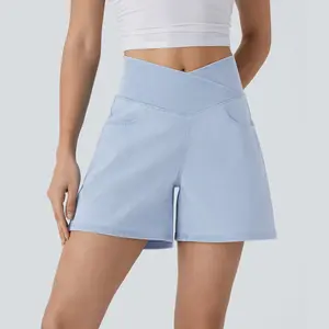 Halara Flex™ Crossover High Waisted Pockets Wide Leg A Line Washed Denim Casual Shorts