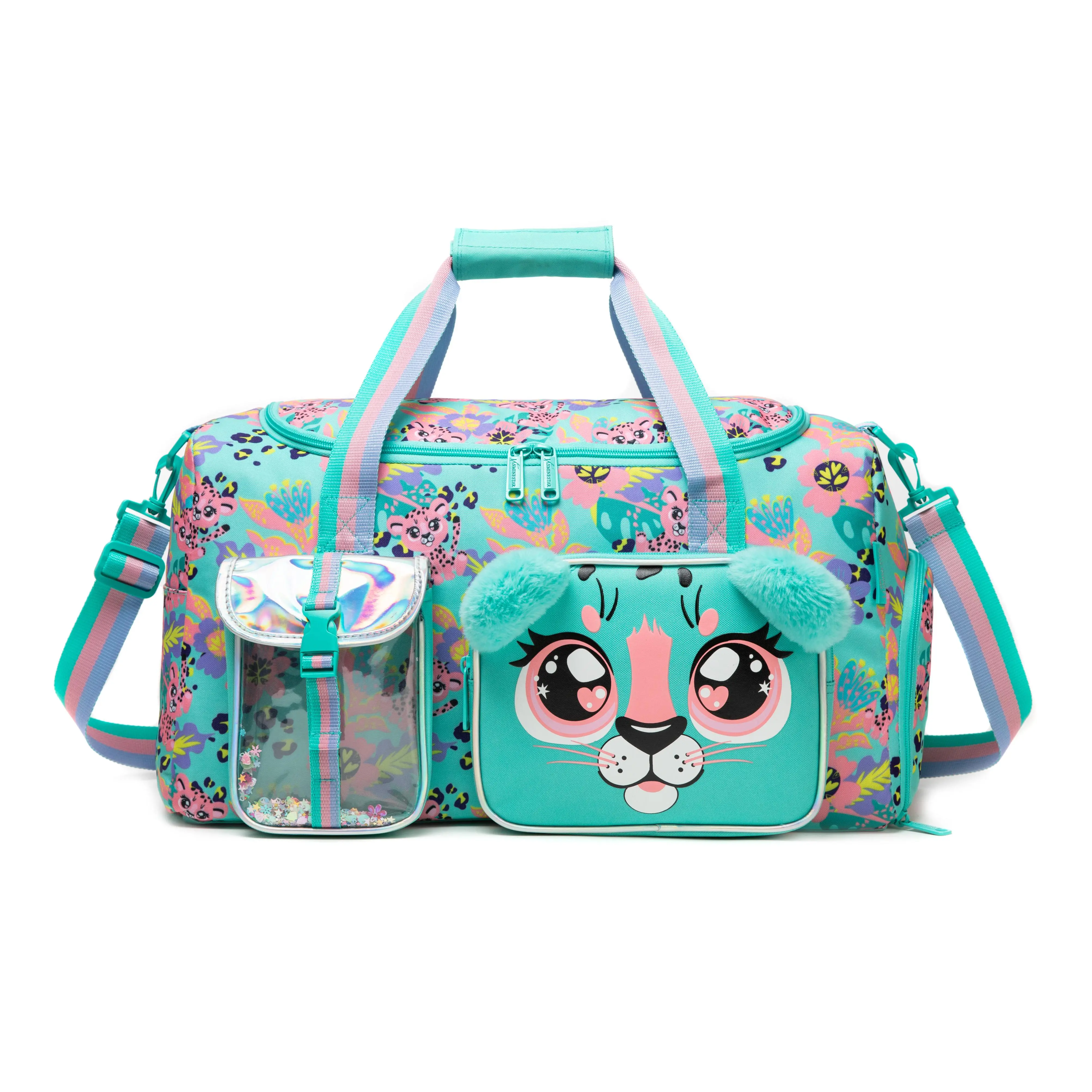 Adorable Fluffy Ear Leopard Kids Duffle Bag | Spacious Girls Overnight Travel Bag with Clear Accessory Pouch for Sleepovers Camp Weekend Trips durable duffel