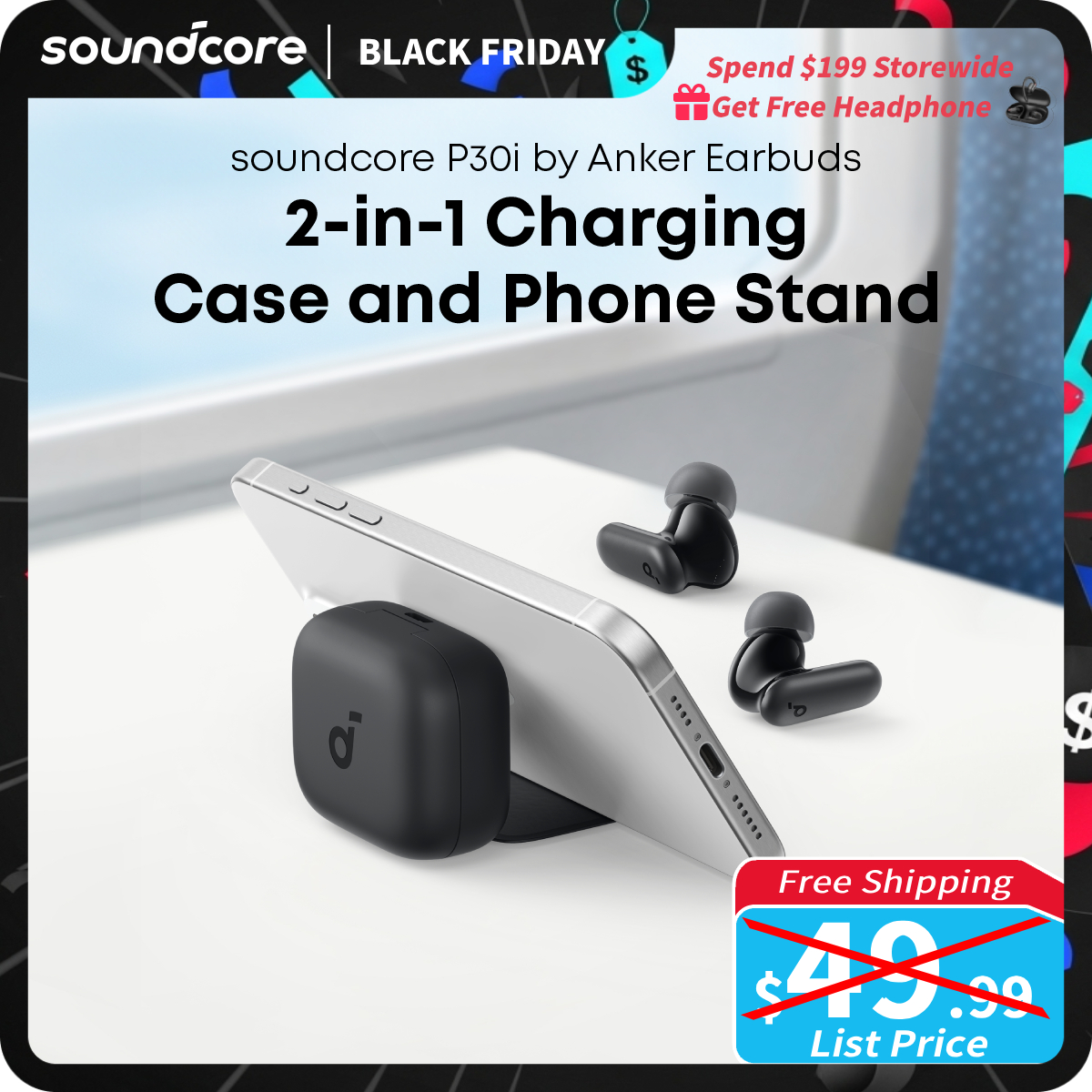 [TikTokShopBlackFriday] soundcore P30i by Anker Noise Cancelling Earbuds, Strong and Smart Noise Cancelling, Powerful Bass, 45H Playtime, 2-in-1 Case