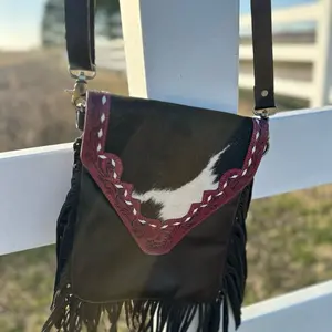 Cowhide Crossbody Bag with Fringe and Embroidery - Western Style Handbag for Women