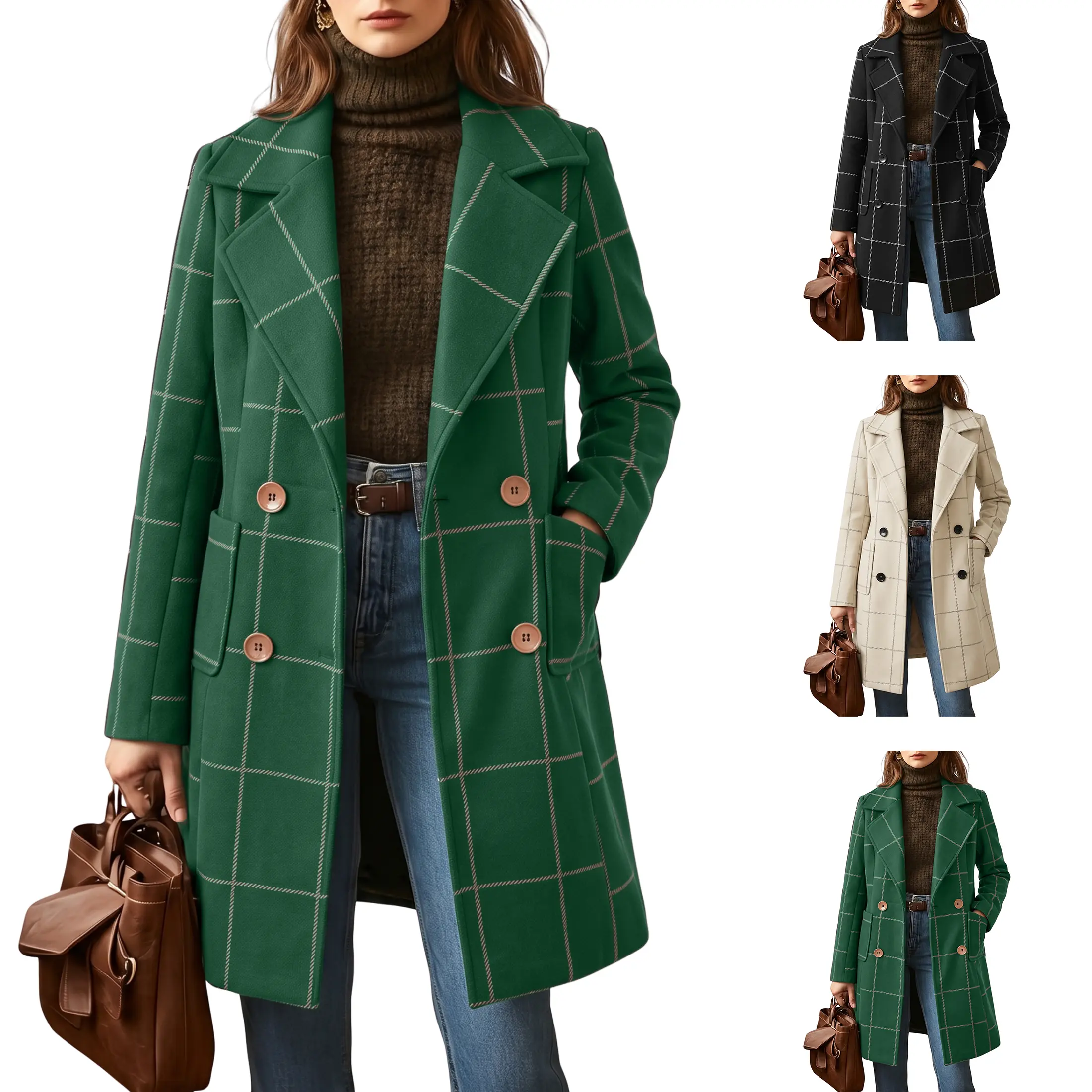 Mundoven Women's Winter/ Fall Notched Collar Plaid Wool Trench Coat Button Down Mid Long Overcoat Outerwear Notch Lapel, Mid Length, Side Pockets, Thanksgiving gift, Black Friday outfits, Christmas and New year Outfits,sohochic