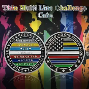 Thin Multi Line Challenge Coin - No One Fights Alone Coins - Honor US Corrections Dispatch EMS Nurse Firefighter Police Military Hero - Law Enforcement Gifts Tribute to Our First Responders