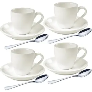 Porcelain Espresso Shot Cup Set with Saucers and Stainless Steel Spoons - 80 ml / 2.67 oz, Set of 4, White