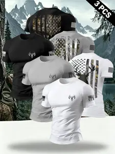 Summer Fashion Men's T-Shirt 3-Pack, Sports Tee Set, Activewear T Shirt, Athletic Tee Shirts, Camouflage Deer Print, Round Neck Soft Versatile, Ideal for Outdoor Sports and Casual Wear