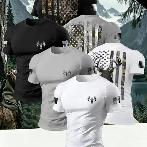Summer Fashion Men's T-Shirt 3-Pack, Sports Tee Set, Activewear T Shirt, Athletic Tee Shirts, Athletic Fitted Tee, Camouflage Deer Print, Animal Pattern Sportswear, Round Neck Soft Versatile, Ideal for Outdoor Sports and Casual Wear, Casual Sports Tops