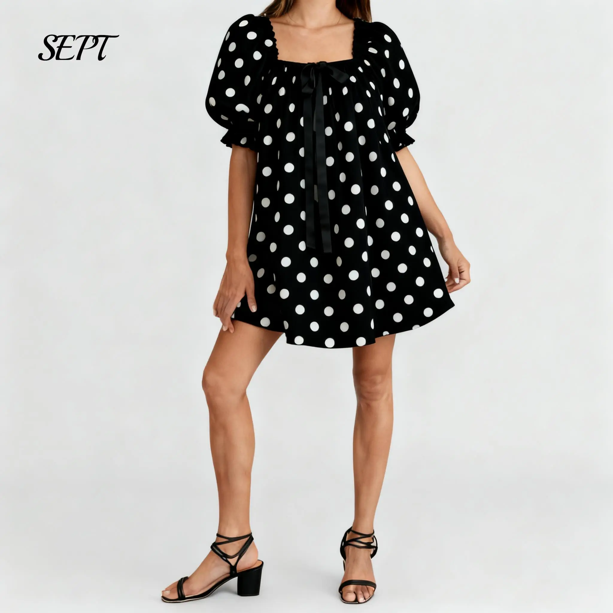 Women Polka Dots Puff Sleeve Babydoll Dress Square Neck Flowy Mini Dress Bow Tie Ruffle A Line Short Dress Summer Sundress