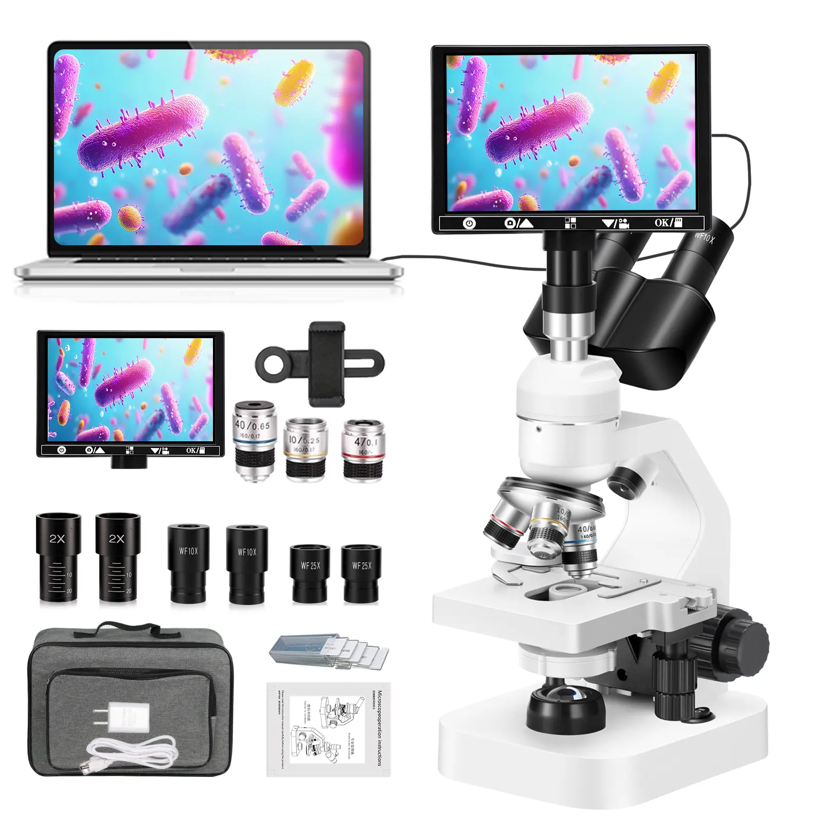 3-Eye Compound Microscope for Science Education, 40x-2000x Magnification, 7-in HD Screen, Computer-Connectable, 10x Lens, Double-Layer Movable Stage, LED Lights, Mite & Microorganism Observation Tool for Children & Adults, Observe Microorganisms