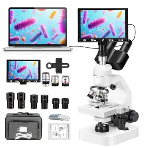 The three eye compound microscope is suitable for children and adults, with a magnification of 40 to 2000 times, and is equipped with a 7-inch high-definition screen that can be connected to a computer for observation. Professional Science Education