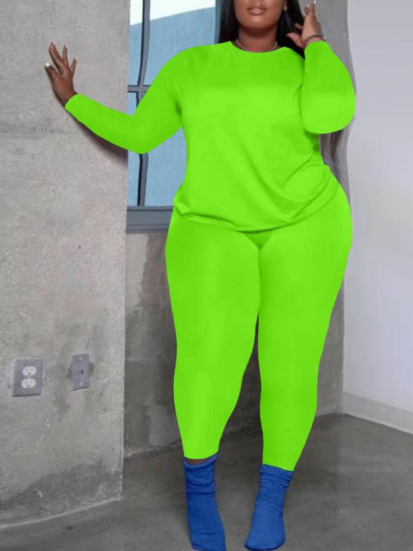 Women's Plus Size 2-Piece Set, Long-Sleeve Round-Neck Top & Pants, Casual Athleisure Wear Set Home Sportswear for Daily Wear